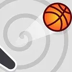 En flipperarm og en lysende orange basketball mod en grå spiralbaggrund