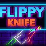 Neontekst med ordene FLIPPY KNIFE og neon på en mørk baggrund med en murstensvæg