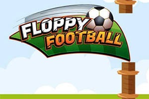 Illustration med en fodbold og teksten Floppy Football på en grøn baggrund med søjler og skyer