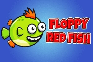 Grøn fisk med store øjne og orange finner ved siden af teksten Floppy Red Fish på blå baggrund