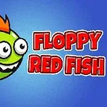 Grøn fisk med store øjne og orange finner ved siden af teksten Floppy Red Fish på blå baggrund