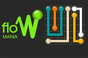 Grønt logo med teksten floW MANIA ved siden af et gitter med farvede cirkler forbundet af tilsvarende farvede linjer