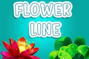 Tekst Flower Line på lys blå baggrund med en rød blomst til venstre og grønne blade til højre