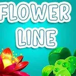Tekst Flower Line på lys blå baggrund med en rød blomst til venstre og grønne blade til højre