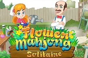 En tegneserie af en pige med en vandkande og en mand i butterfly i en blomsterfyldt have med teksten Flower Mahjong Solitaire i forgrunden