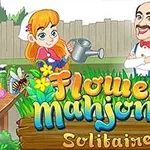 En tegneserie af en pige med en vandkande og en mand i butterfly i en blomsterfyldt have med teksten Flower Mahjong Solitaire i forgrunden