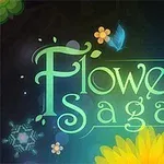 Teksten Flower Saga omgivet af farverige blomster og sommerfugle på en mørk baggrund