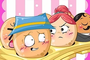 Tegneserie-stil illustration af smilende og sure donuts med ansigter, iført forskellige hatte, mod en stribet lyserød baggrund