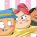 Tegneserie-stil illustration af smilende og sure donuts med ansigter, iført forskellige hatte, mod en stribet lyserød baggrund