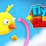 Gul tegneseriefugl med store øjne flyver gennem lyserøde rør mod en stjerne på en blå himmel baggrund