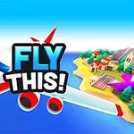 Et tegneserie-lignende fly svæver over en ø med bygninger og en landingsbane med teksten Fly This!