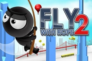 Sort tegneseriefigur svinger i et reb mellem høje, blå bygninger med en rød bro i baggrunden og teksten Fly With Rope 2
