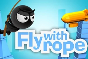 En sort, rund figur med store øjne svinger i et reb foran teksten Fly with rope og en orange zeppeliner
