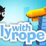 En sort, rund figur med store øjne svinger i et reb foran teksten Fly with rope og en orange zeppeliner