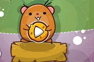 En tegneserieagtig hamster med et ostestykke sidder på en træplade med grøn og lilla baggrund
