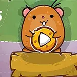 En tegneserieagtig hamster med et ostestykke sidder på en træplade med grøn og lilla baggrund