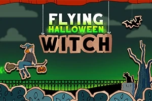 En heksefigur, der flyver på en kost, med et græskar og en kat ved siden af, samt teksten Flying Halloween Witch mod en grøn nattehimmel med skyer og flagermus