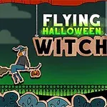 En heksefigur, der flyver på en kost, med et græskar og en kat ved siden af, samt teksten Flying Halloween Witch mod en grøn nattehimmel med skyer og flagermus