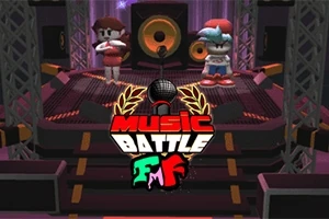 To figurer står på en musikscene med højtalere i baggrunden, omgivet af lys og et skilt med teksten Music Battle