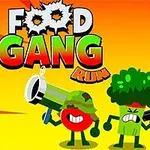 Tegneseriefigurer udformet som madvarer med våben på en farverig baggrund