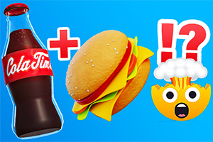 Flaske med sodavand, burger og emoji med eksploderende hoved på en blå baggrund