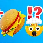 Flaske med sodavand, burger og emoji med eksploderende hoved på en blå baggrund