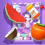 Et farverigt billede med stykker af vandmelon, kokosnød, appelsinjuice, tomat og kirsebær på en lilla baggrund