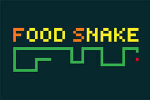 Teksten FOOD SNAKE i pixelart-stil over en grønt slangebillede på en mørk baggrund