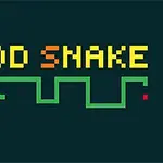 Teksten FOOD SNAKE i pixelart-stil over en grønt slangebillede på en mørk baggrund