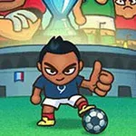 En tegneseriefigur iført en blå trøje og hvide shorts giver en tommel op foran en fodbold, med et trofæ og en gruppe spillere i baggrunden