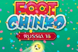 Farverigt logo med teksten Foot Chinko og Russia 18 omgivet af konfetti over en grøn baggrund