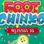 Farverigt logo med teksten Foot Chinko og Russia 18 omgivet af konfetti over en grøn baggrund