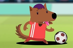 Tegnet ulv i rød fodboldtrøje spiller fodbold på en grøn bane