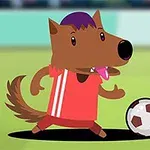 Tegnet ulv i rød fodboldtrøje spiller fodbold på en grøn bane