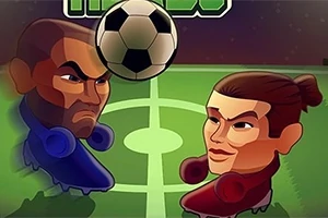 To animerede karakterer i fodboldtema står overfor hinanden på en bane med en fodbold mellem dem