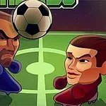 To animerede karakterer i fodboldtema står overfor hinanden på en bane med en fodbold mellem dem