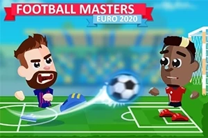 To an animerede fodboldspillere på en bane med en bold imellem dem, og en fodboldmål i baggrunden