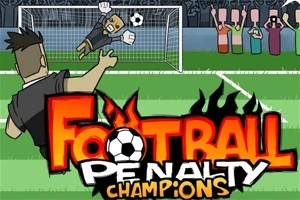 En tegneserieillustration af en fodboldspiller, der skyder et straffespark mod en målmand, med teksten Football Penalty Champions i forgrunden