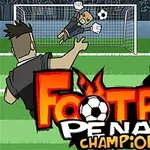 En tegneserieillustration af en fodboldspiller, der skyder et straffespark mod en målmand, med teksten Football Penalty Champions i forgrunden