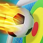 En fodbold med flammer rammer et mål med farvede ringe