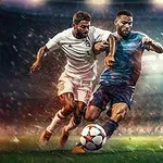 To fodboldspillere kæmper om bolden på en regnfuld stadionbane under kraftige projektører