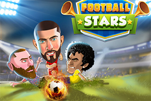 To karikaturspillere kæmper om en fodbold på en stadionbaggrund med Football Stars-skilt øverst