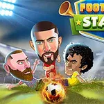 To karikaturspillere kæmper om en fodbold på en stadionbaggrund med Football Stars-skilt øverst