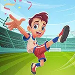 En tegneserie dreng iført rød og blå sportstøj sparker en fodbold på en stadion med konfetti i baggrunden