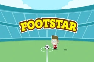 En tegneseriefigur i fodboldtrøje står med en fodbold på en stadionbane, med ordet Footstar i baggrunden