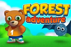 En tegneserie af en brun bjørn med en gul trøje og tallet ét ved siden af en blå, fluffy flagermus med store øjne, samt teksten Forest Adventure i baggrunden