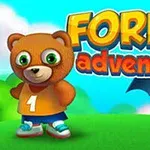 En tegneserie af en brun bjørn med en gul trøje og tallet ét ved siden af en blå, fluffy flagermus med store øjne, samt teksten Forest Adventure i baggrunden