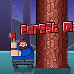 Mand med skæg og rød hue holder en økse ved siden af et træ med teksten Forest Man over ham