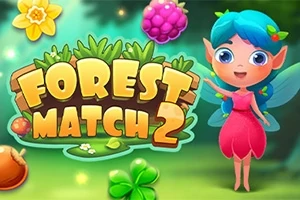 En tegneseriefe med blåt hår og lyserød kjole står ved siden af farverige skovtema-elementer som blomster og bær, med teksten Forest Match 2 i midten