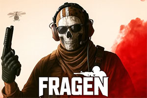 Maskeret soldat med kranieansigt, headset og pistol foran rød røg og teksten FRAGEN